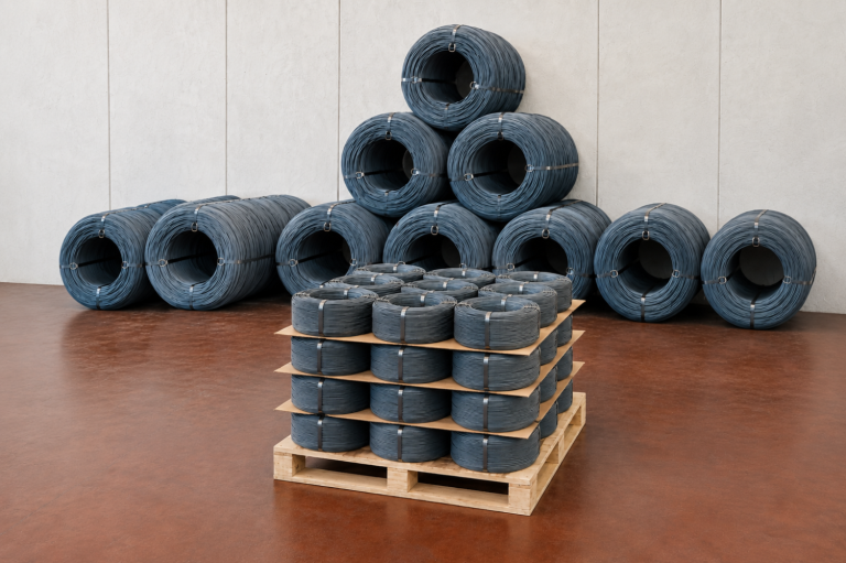 Pallet di piccole bobine di filo blu-grigio impilate e, dietro, rotoli più grandi disposti a piramide su pavimento rosso