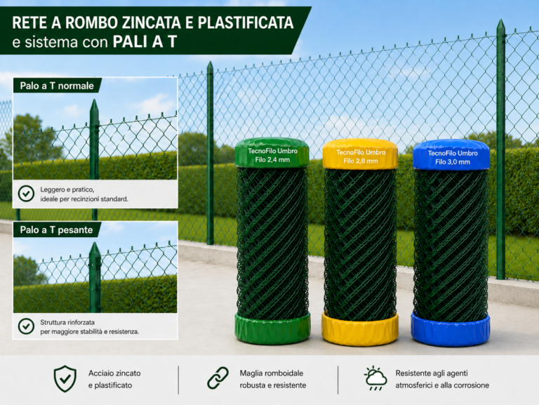 Tre rotoli di rete a rombo verde da 2,4 2,8 e 3,0 mm in giardino, con box su palo a T normale e pesante e barra delle caratteristiche