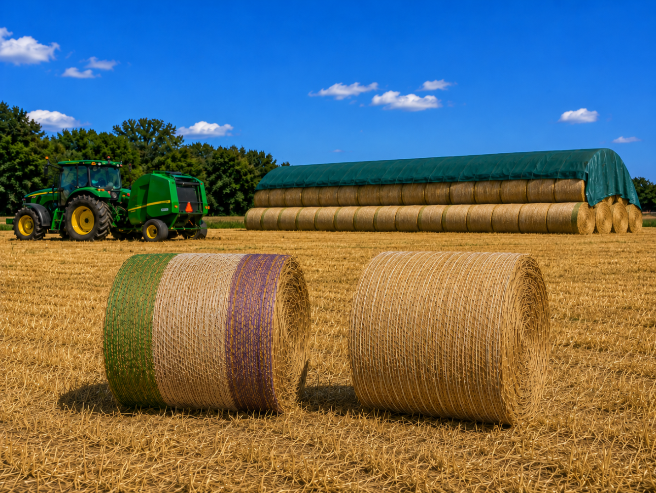 Due rotoballe in stoppia: una con rete tricolore verde, paglia e viola, l'altra chiara, trattore John Deere e balle coperte da telo verde