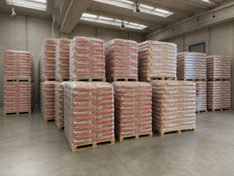 Corsie di pallet avvolti in film, con sacchi rossi e bianchi PREMIUM WOOD PELLETS in un capannone con lucernari