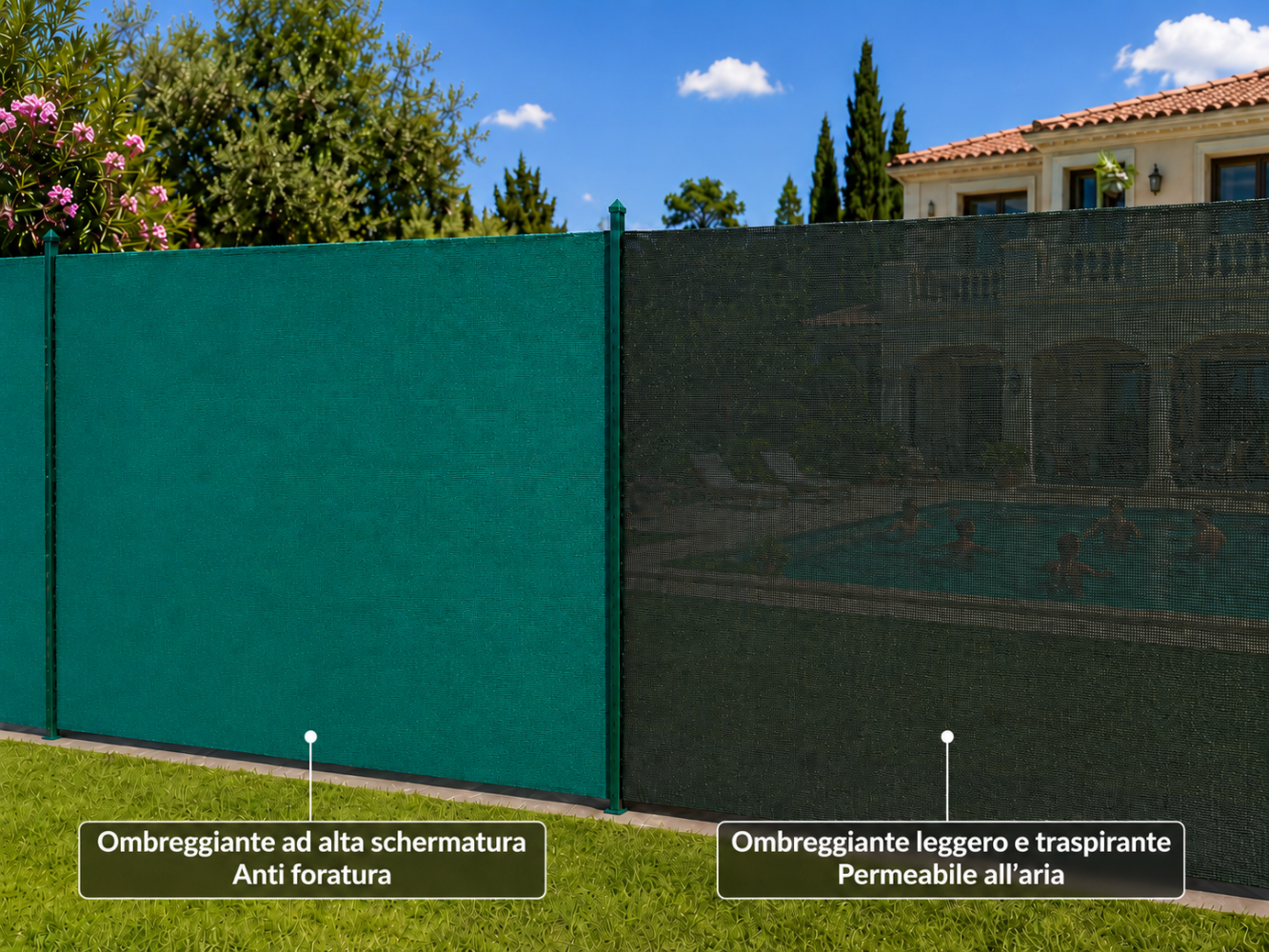 Recinzione divisa in due: a sinistra telo ombreggiante verde opaco anti foratura, a destra rete leggera traspirante sul giardino con piscina