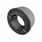 Matassa circolare di filo metallico scuro, bloccata da due fascette trasversali su fondo bianco.