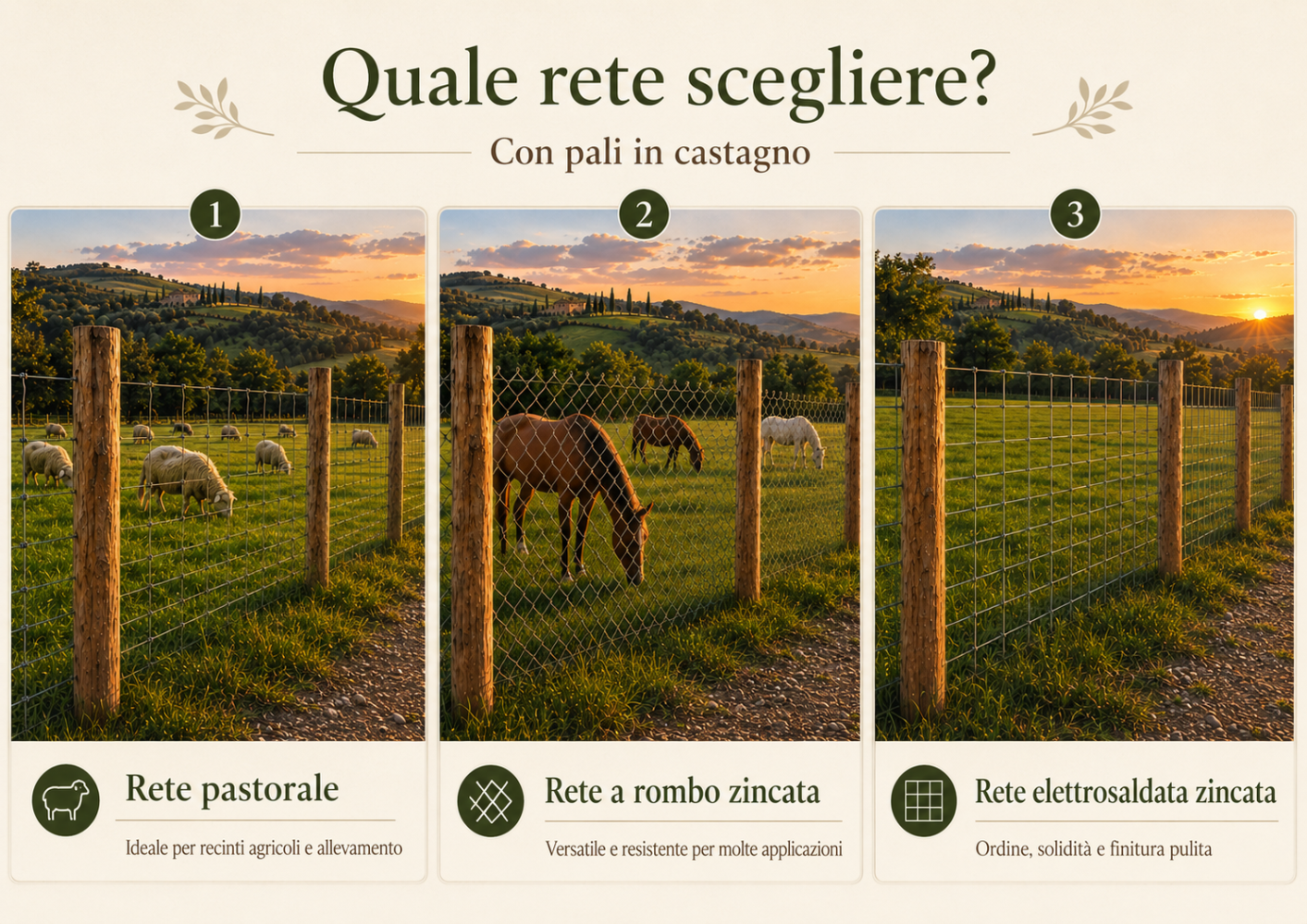 Infografica Quale rete scegliere: tre schede con pecore, cavalli e campo al tramonto, pali in castagno e tre tipi di rete