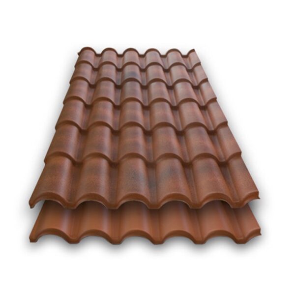 Due lastre ondulate da copertura effetto coppo: sopra rosso antichizzato con macchie scure, sotto terracotta arancio uniforme.