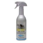 Flacone spray argentato Farnam TRI-TEC 14 Equine Fly Spray, etichetta gialla e blu con foto di cavallo su prato.