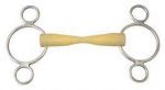 Filetto Pessoa a tre anelli in acciaio lucido con cannone dritto beige in materiale sintetico, vista frontale su bianco.