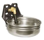 Beverino con tazza inox, supporto a muro in ghisa nera a quattro fori, valvola in ottone e leva nera a pressione.