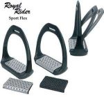 Staffe Royal Rider Sport Flex nere con panca forata argentata, vista di profilo Flex e due panche di ricambio metal e gomma.