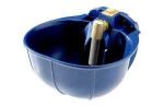 Beverino a tazza blu scuro nervata, valvola in ottone in alto e linguetta grigia verticale, inquadratura dall'alto.