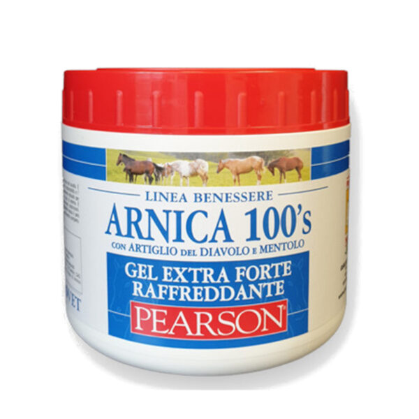 Barattolo bianco con tappo rosso Arnica 100's Pearson Linea Benessere, Gel Extra Forte Raffreddante con artiglio del diavolo e mentolo.