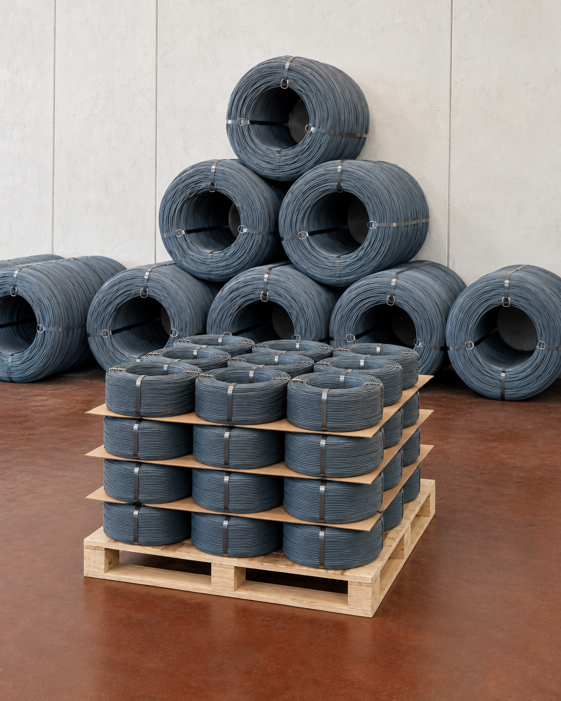 Bobine di filo di ferro Bobine di filo di ferro grigio-blu impilate su pallet di legno e a terra in magazzino con pareti chiare.