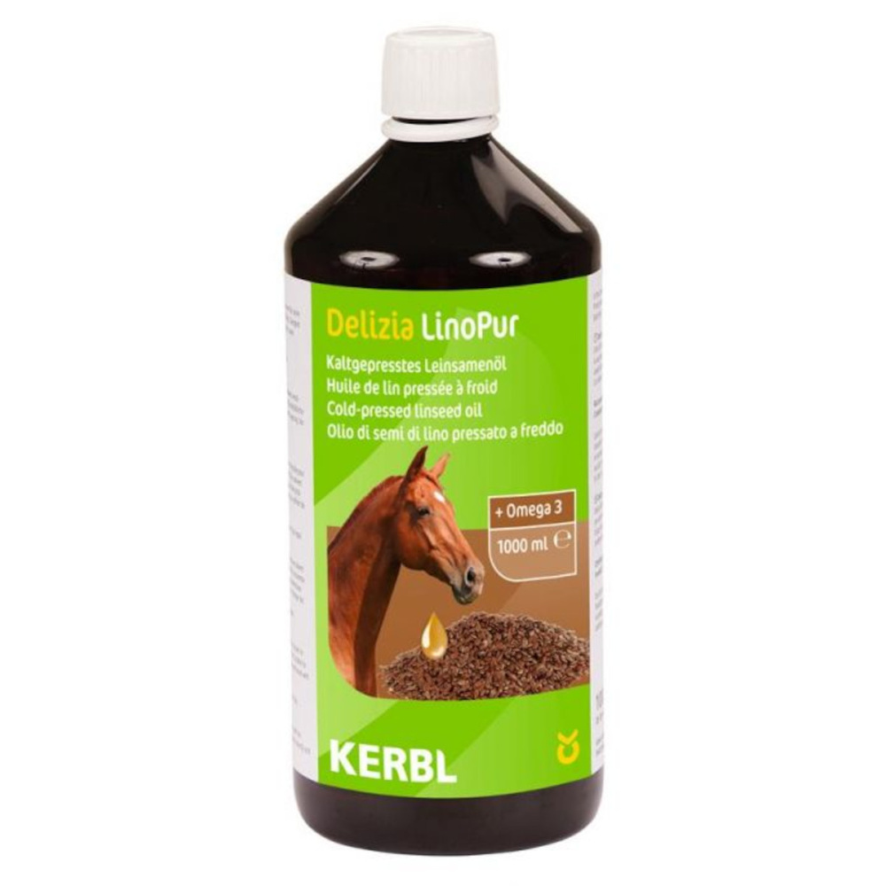Linopur olio di lino Flacone Delizia LinoPur Kerbl 1000 ml: olio di semi di lino a freddo e Omega 3. Etichetta verde con cavallo e semi.