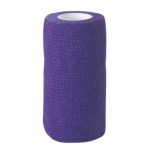 Rotolo verticale di fascia elastica autoadesiva viola con anima in cartone bianco su sfondo bianco.