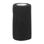 Rotolo verticale di fascia elastica autoadesiva nera con anima bianca e trama increspata.