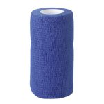 Rotolo verticale di fascia elastica autoadesiva blu cobalto con anima bianca e trama porosa.