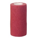 Rotolo verticale di fascia elastica autoadesiva rossa con anima bianca e superficie increspata.