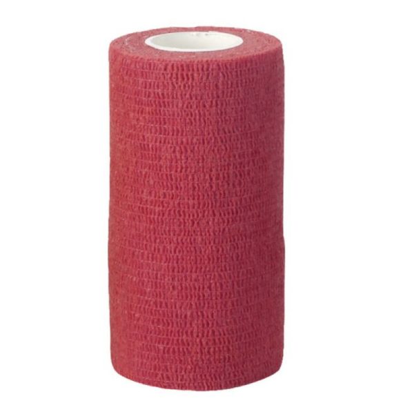 Rotolo verticale di fascia elastica autoadesiva rossa con anima bianca e superficie increspata.