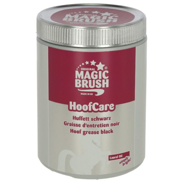 Barattolo HoofCare Magic Brush nero: Hoof grease black, olio di alloro e silhouette di cavallo su fondo grigio.