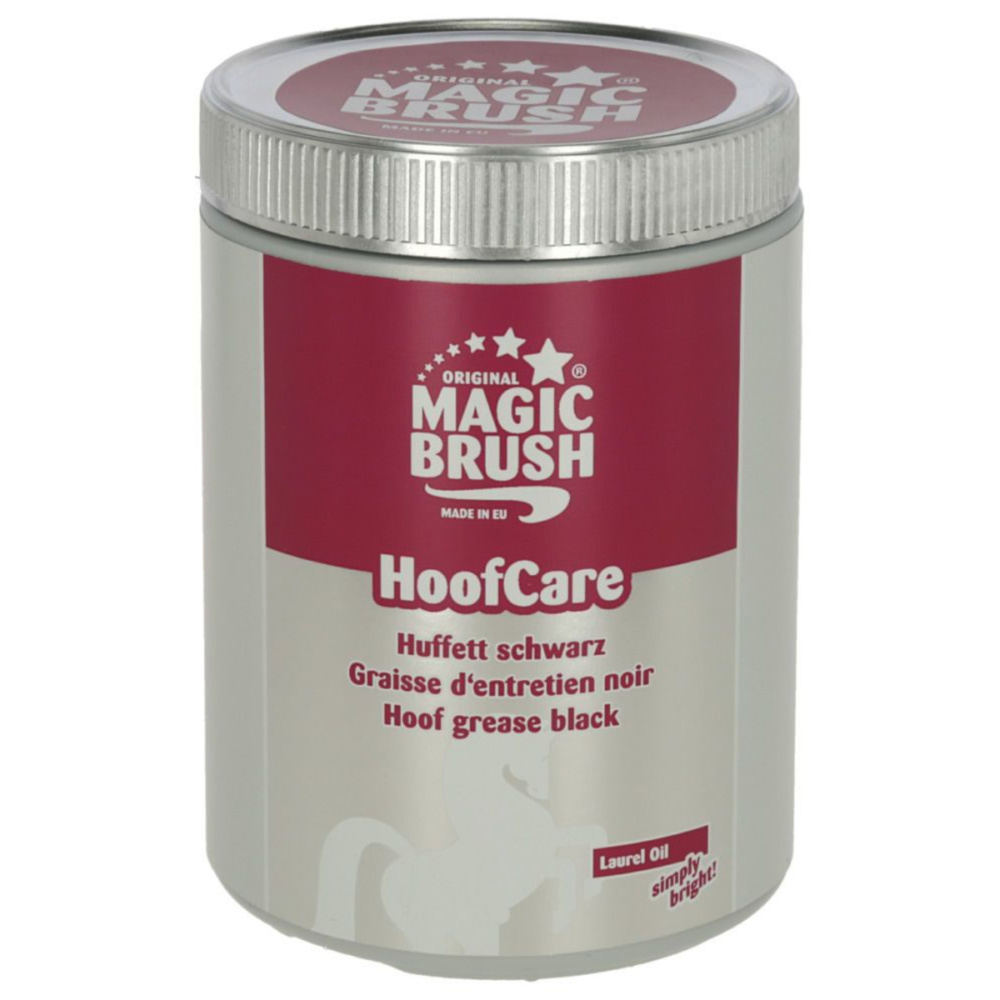 MagicBrush nero Barattolo HoofCare Magic Brush nero: Hoof grease black, olio di alloro e silhouette di cavallo su fondo grigio.
