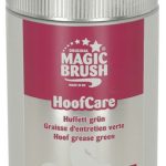 Barattolo Magic Brush HoofCare: Hoof grease green, Laurel Oil, Huffett grün, logo rosa e silhouette di cavallo.