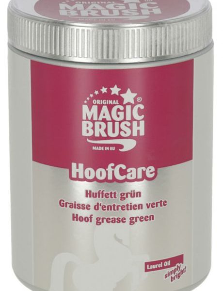 Barattolo Magic Brush HoofCare: Hoof grease green, Laurel Oil, Huffett grün, logo rosa e silhouette di cavallo.