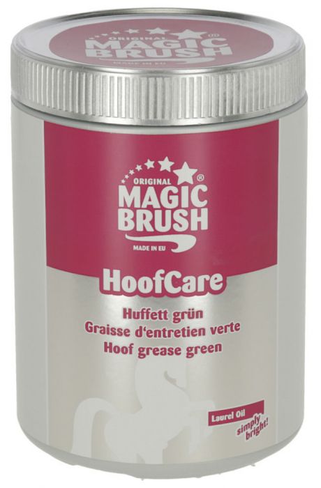MagicBrush verde Barattolo Magic Brush HoofCare: Hoof grease green, Laurel Oil, Huffett grün, logo rosa e silhouette di cavallo.