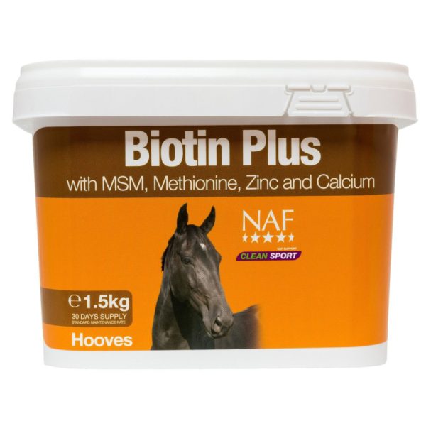 Secchiello NAF Biotin Plus 1,5 kg, etichetta arancione con cavallo e testi Biotin Plus, MSM, Methionine, Zinc e Hooves.