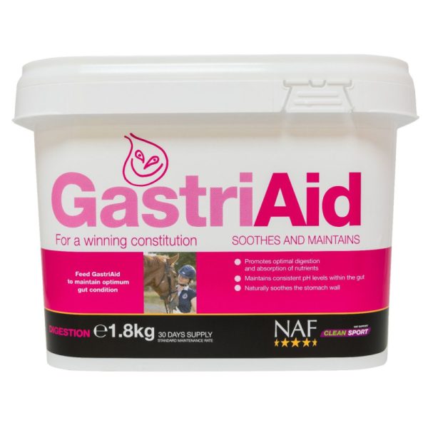 Secchiello bianco NAF GastriAid 1,8 kg con testi For a winning constitution, Soothes and Maintains e Clean Sport.