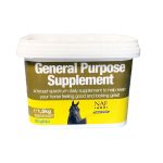 Secchiello NAF General Purpose Supplement 1,5 kg, etichetta verde e gialla, testa di cavallo nero e scritta Vitalità.