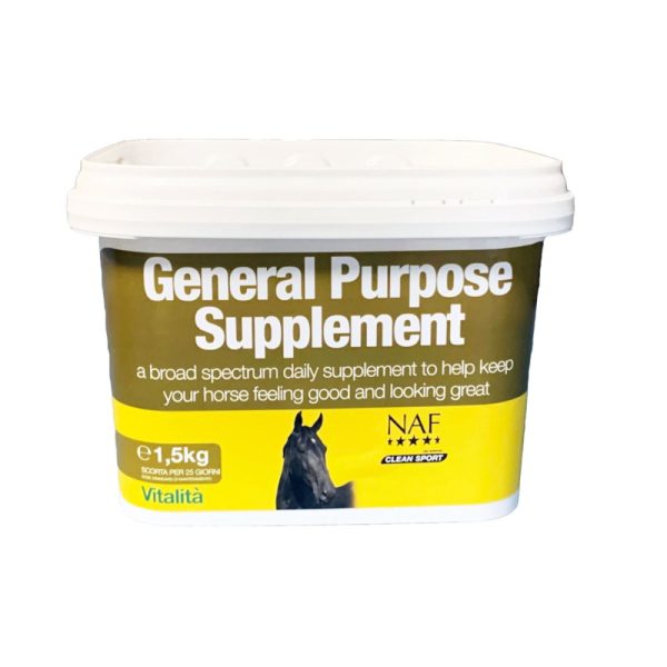 Secchiello NAF General Purpose Supplement 1,5 kg, etichetta verde e gialla, testa di cavallo nero e scritta Vitalità.