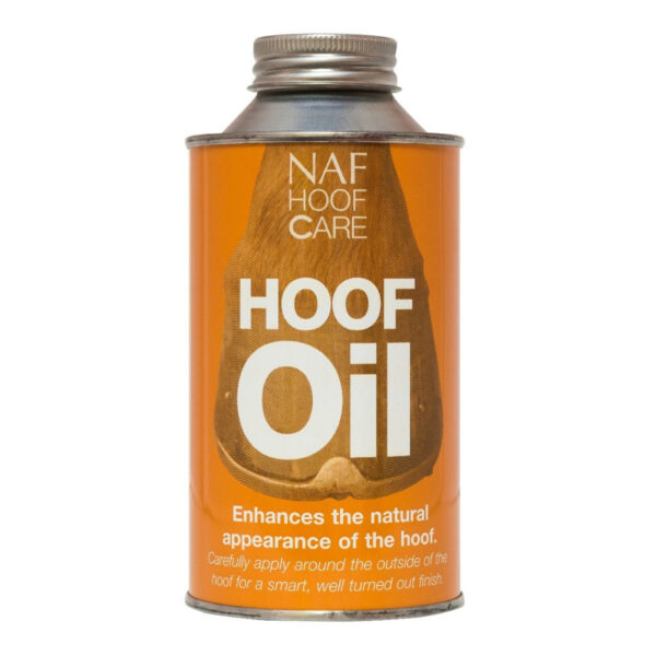 Barattolo metallico arancione NAF HOOF CARE HOOF Oil 500 ml, grafica di zoccolo e testo Enhances the natural appearance.