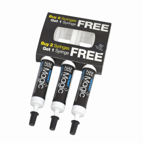 Tre siringhe NAF Instant Magic in blister nero con scritta Buy 2 Syringes Get 1 Syringe FREE in bianco e giallo.