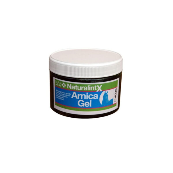 Barattolo NAF NaturalintX Arnica Gel 400 g per primo soccorso, logo blu con croce e silhouette di cavallo.