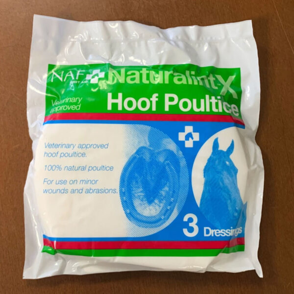 Busta NAF FIRST AID NaturalintX Hoof Poultice, 3 Dressings, Veterinary approved e icone di zoccolo e cavallo.