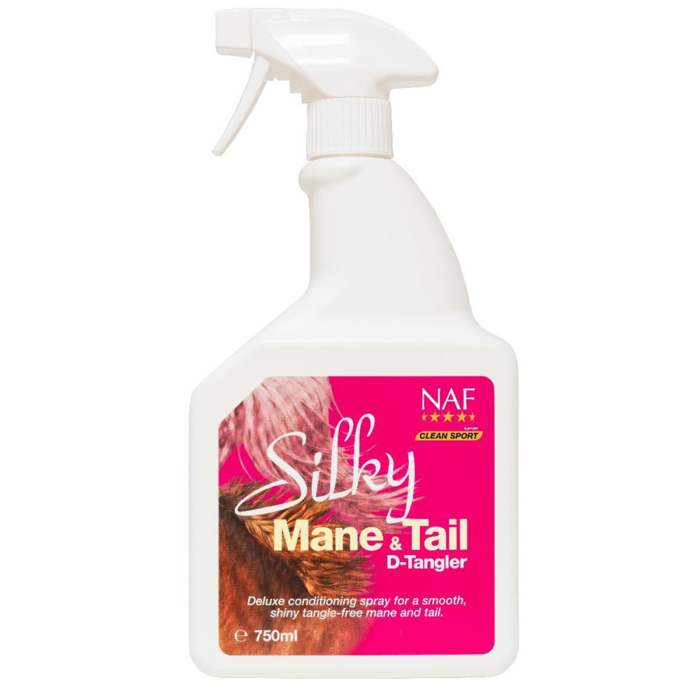 NAF Silky spray 750 ml Spray bianco NAF Silky Mane & Tail D-Tangler 750 ml con etichetta fucsia per criniera e coda.