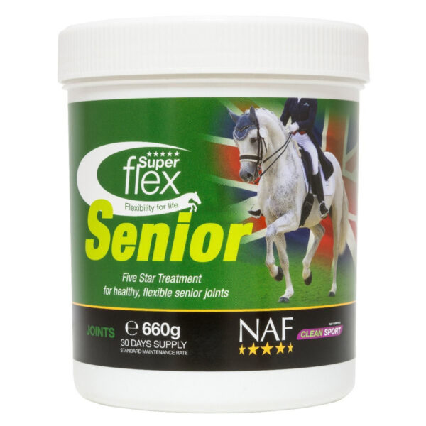 Barattolo NAF Superflex Senior 660 g, etichetta verde con cavallo, fantino, bandiera UK e Five Star Treatment.