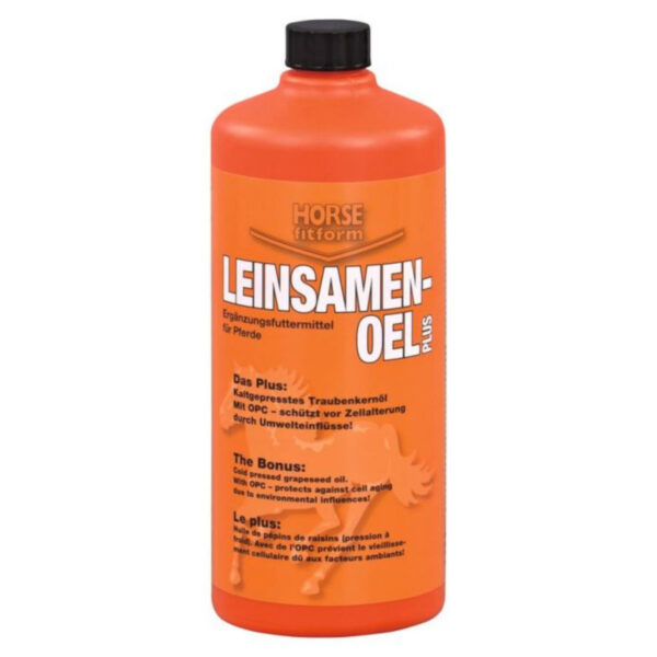 Bottiglia arancione Horse Fitform LEINSAMEN-OEL PLUS 1 L, tappo nero e testo Ergänzungsfuttermittel für Pferde.