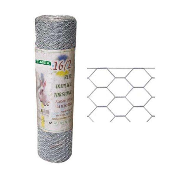 Rotolo di rete zincata T-Rex 16/2 a maglia esagonale, etichetta con coniglio e schema della triplice torsione.