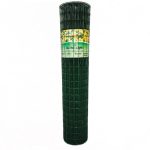 Rotolo verticale di rete verde Garden Light, etichetta con fiori gialli, L 25 mt e filo da 2,2 mm su fondo bianco.