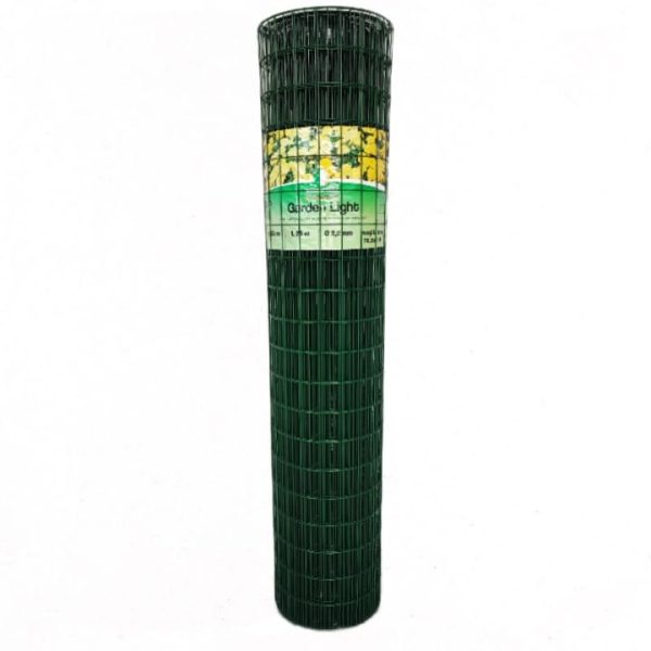 Rotolo verticale di rete verde Garden Light, etichetta con fiori gialli, L 25 mt e filo da 2,2 mm su fondo bianco.