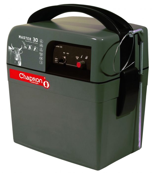 Master 30 Elettrificatore MASTER 30 Chapron Lemenager verde, maniglia nera, ON/OFF, TEST ALU, ACCU OK, 22 km, 10000 V, 2,5 J.