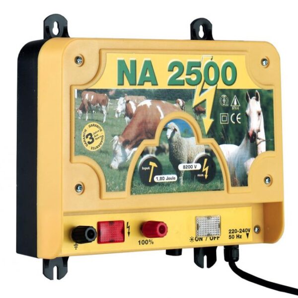 Elettrificatore giallo e nero NA 2500 a rete 220 V, 1,80 J e 8200 V, interruttore rosso e morsetti in basso.