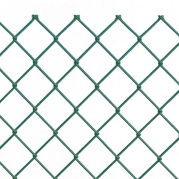 Dettaglio frontale di rete plastificata verde a rombi, con bordo superiore ripiegato a occhielli su fondo bianco.