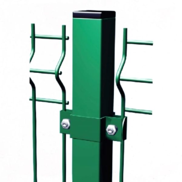 Palo quadro verde bosco con tappo nero, collare a U e due bulloni argentati che fissano rete verde con nervatura a V