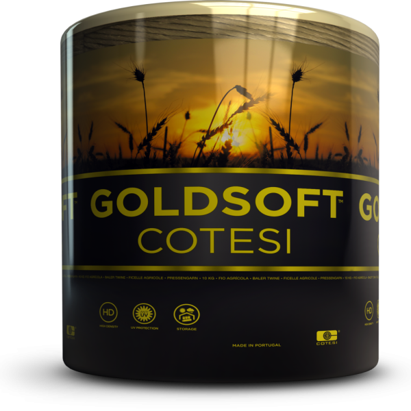 Bobina Goldsoft Cotesi su fondo nero: spago paglierino, fascia tramonto su grano, GOLDSOFT giallo, icone HD UV Storage.