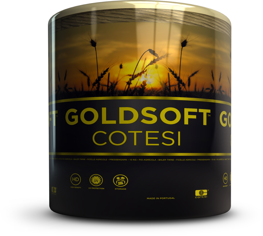Spago Goldsoft Cotesi, fondo nero Bobina Goldsoft Cotesi su fondo nero: spago paglierino, fascia tramonto su grano, GOLDSOFT giallo, icone HD UV Storage.