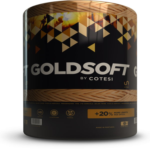 Render 3D Goldsoft by Cotesi su nero: triangoli oro, fascia +20% more length, logo uni tech e Made in Portugal.