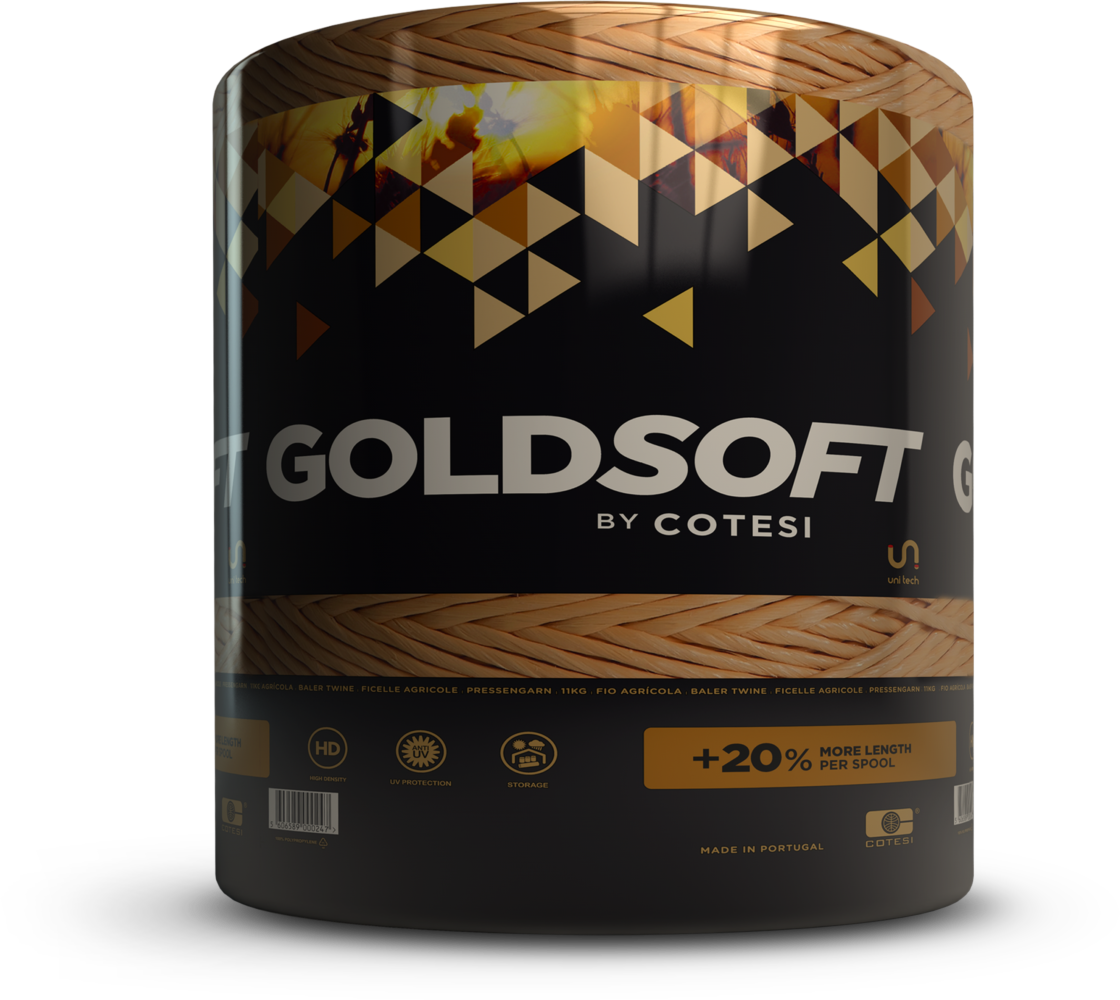 Goldsoft 3D su nero +20% Render 3D Goldsoft by Cotesi su nero: triangoli oro, fascia +20% more length, logo uni tech e Made in Portugal.