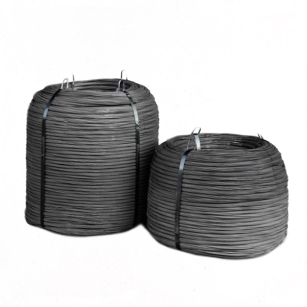Due grandi bobine industriali di filo grigio scuro, legate da reggette nere verticali.