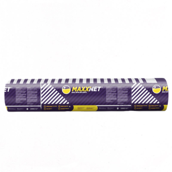 Rotolo di rete per rotopresse Maxxnet in involucro viola e giallo, scritta Bale with no limits e marchio Cordexagri.